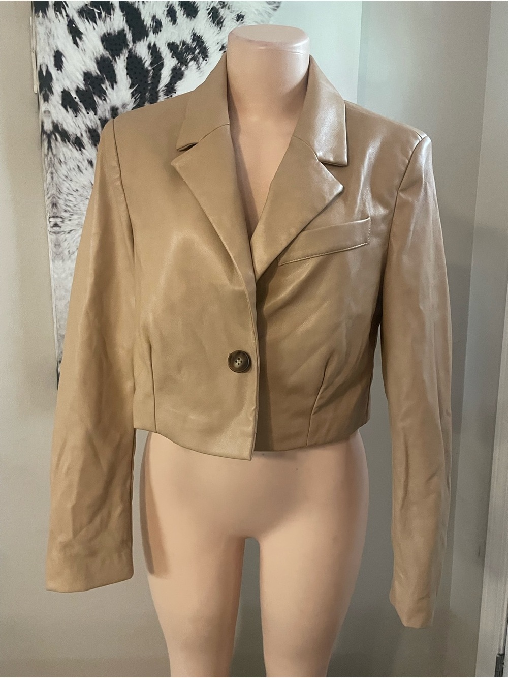 Bagatelle Cropped Faux Leather moto Blazer jacket camel tan shade woman small